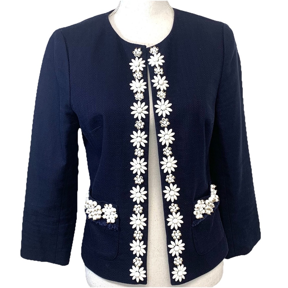 Talbots Open Blazer Jacket Navy Blue White Floral Beads Pockets Lined‎ Sz 4 Work